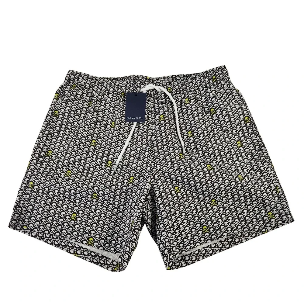 Collars & Co Mens High Voltage Skull Print‎ Swim Trunks Black White Neon Size M